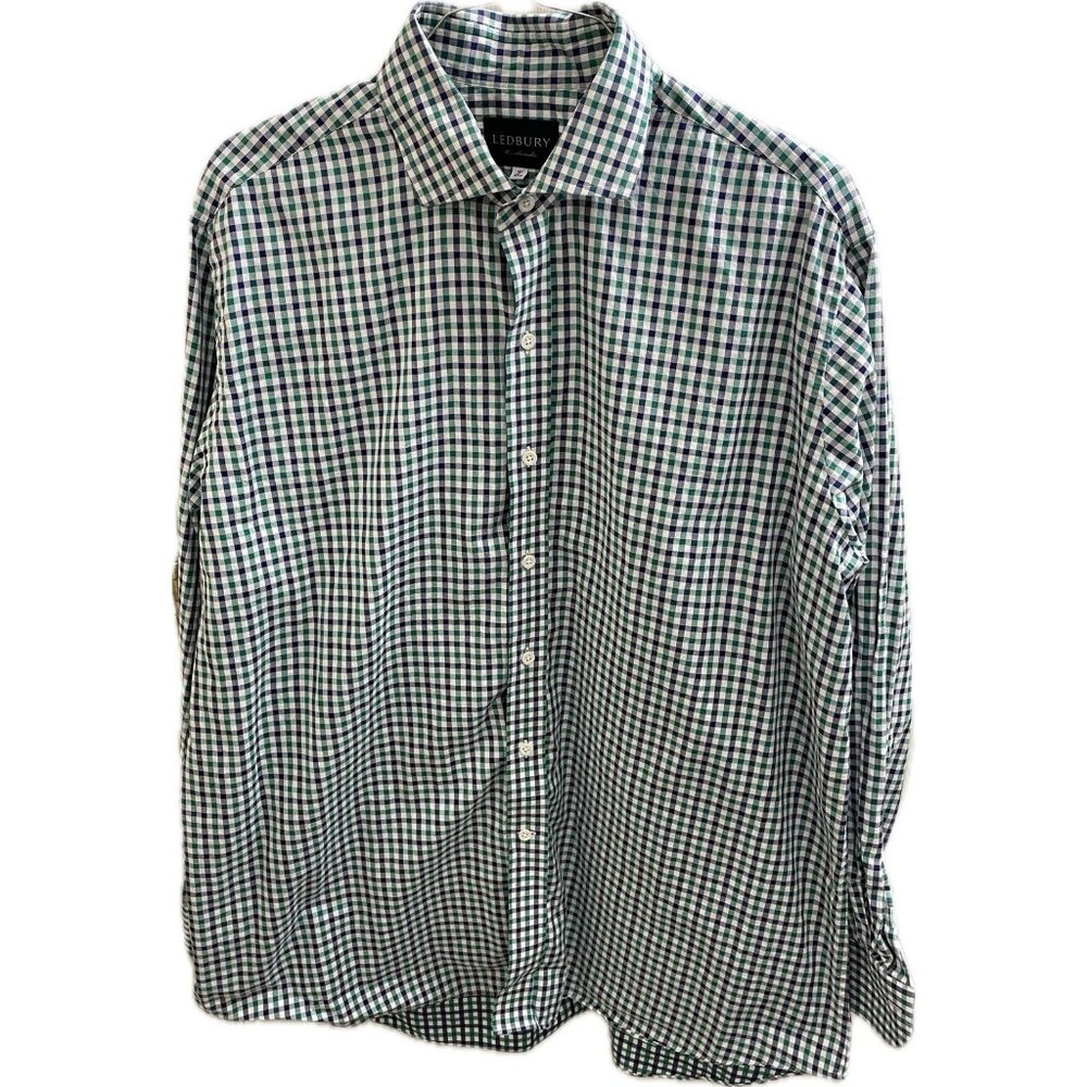 Ledbury Mens Dress Shirt 18 Blue Green Gingham Cotton Dress Shirt